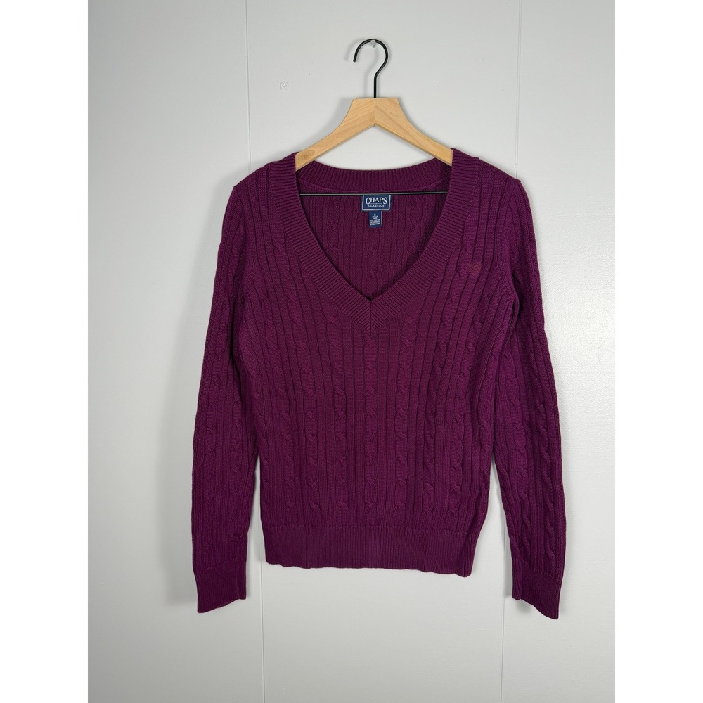 Dark Academia Preppy Chaps Sweater Old Money Womens S Magenta Cable Knit V-Neck